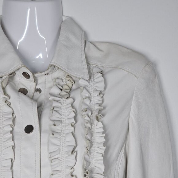 Vintage Italian White Leather Button-Up Jacket with Ruffles by Artico Womens XS - Picture 2 of 11